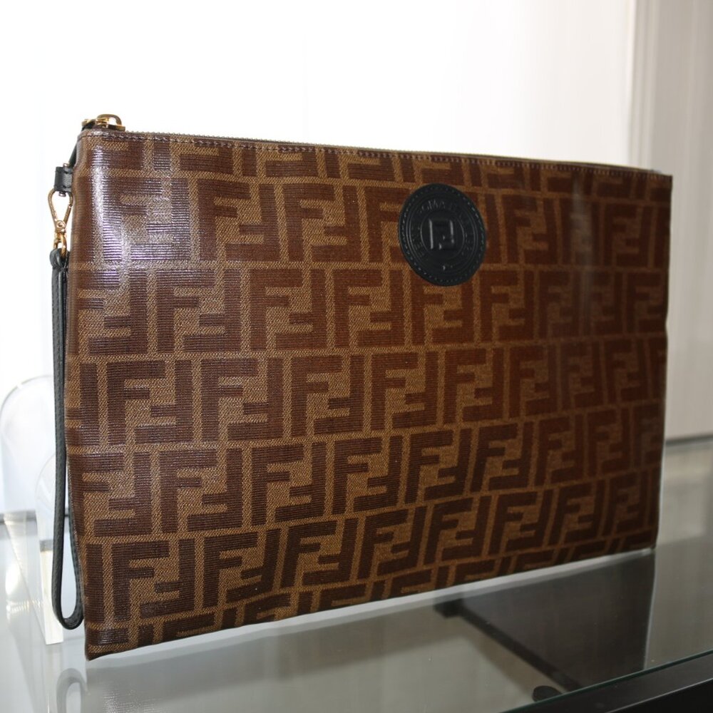 FENDI Zucca FF monogram glazed canvas flat plouch wristlet clutch